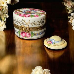 Authentic Limoges Gold and Floral Hat Box Trinket Box With Yellow Hat Ring Box